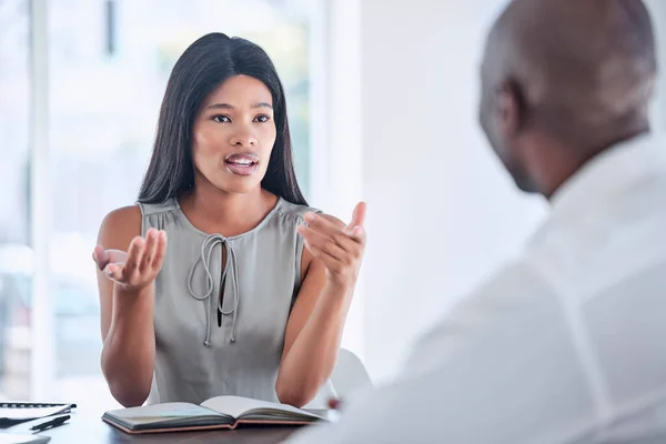 stock image Business people in interview talking, hiring or job recruitment meeting on a office to discuss career with man and hr manager. Black woman or businessman team work, collaboration and planning at work.