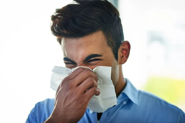 Hes Unlucky One Catch Flu Young Businessman Blowing His Nose — Stock Photo, Image
