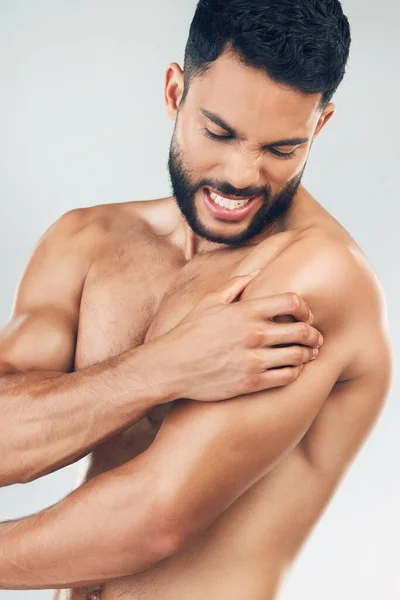 Beleza Corpo Lesão Com Homem Modelo Segurando Seu Ombro Dor — Fotografia de Stock