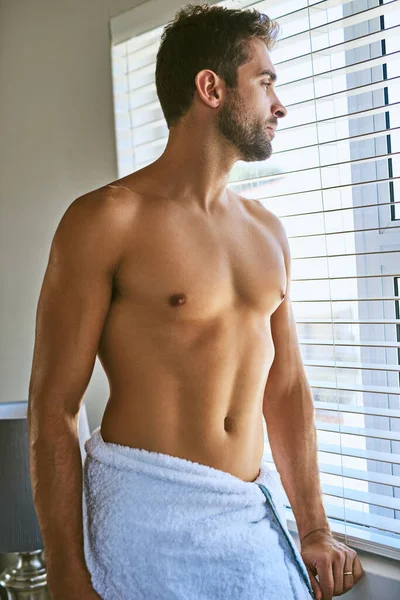 Likes Think Shower Handsome Young Man Towel Home — Stock Photo, Image