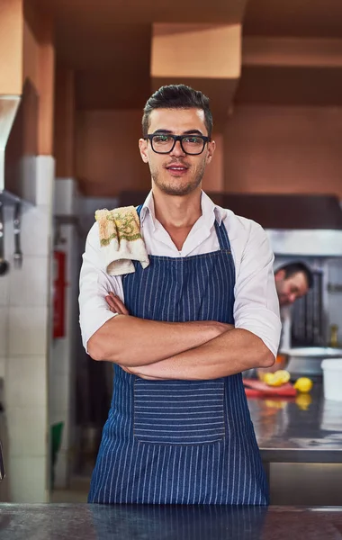 Estou Aqui Para Clientes Quiserem Comida Deliciosa Homens Trabalhando Restaurante — Fotografia de Stock