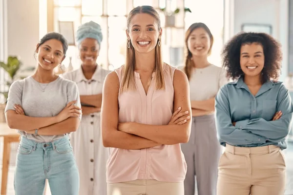 Business woman leadership, empowerment and portrait of diversity management, smile collaboration and employee motivation of office teamwork. Happy women, staff group and commitment to goals in agency.
