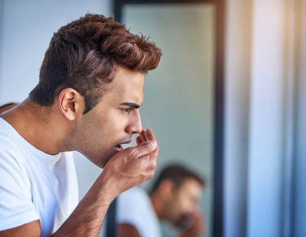 Odor Coming Handsome Young Man Smelling His Breath His Morning — Stock Photo, Image