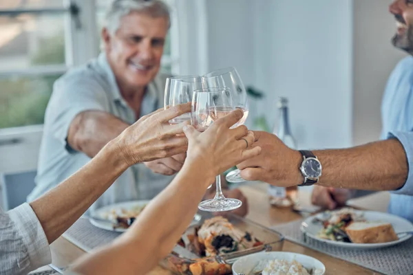 Brinde Com Copo Vinho Almoço Alegres Saudações Família Comemoração Reencontro — Fotografia de Stock