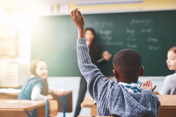 Sim Atrás Crianças Ensino Fundamental Levantando Mãos Para Fazer Perguntas — Fotografia de Stock