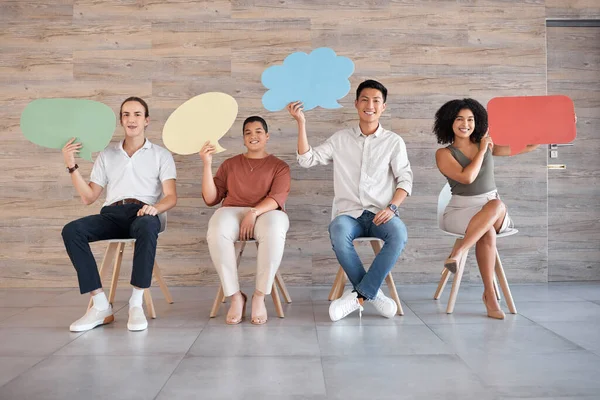 Feedback, speech bubble and idea with communication and business people with mockup for survey, question and social media. Growth, voice and vote with employee for networking, hiring and recruitment.