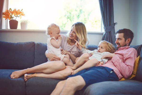 Most Important Time Adorable Young Family Four Relaxing Together Sofa — Stock Photo, Image