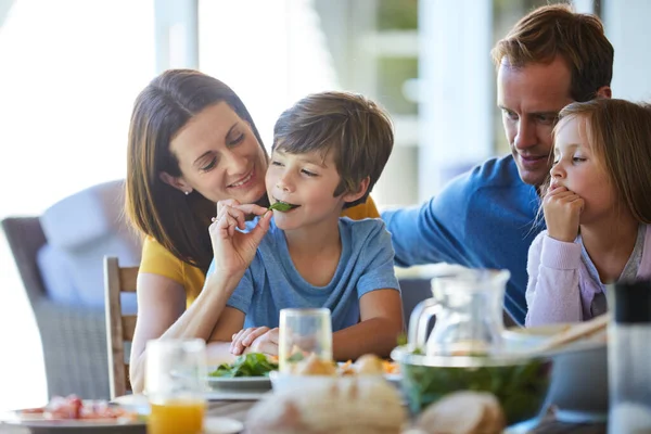 ママは家族に健康的な食事を与えるだけだ 家庭で一緒に食事をしている家族が — ストック写真