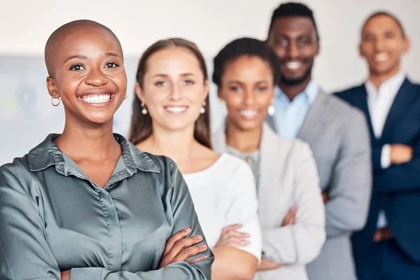 Portrait, teamwork and success with a female leader, CEO or manager and her team in a line in the office. Diversity, leadership and collaboration with a man and woman employee group together at work.