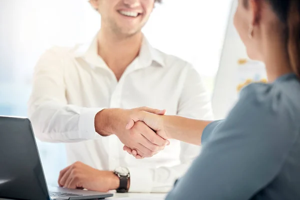 Handshake, meeting and business people in an interview, partnership and welcome at a corporate company. Thank you, b2b and workers shaking hands with a smile for a contract, deal and recruitment.