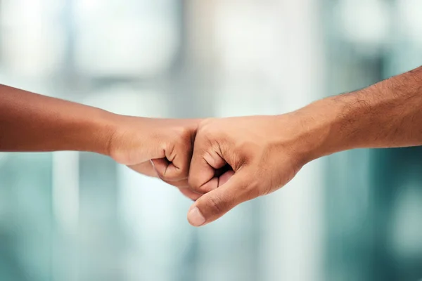 stock image Teamwork, fist bump and greeting of people together for partnership, collaboration and agreement to deal while in office. Hands of man and woman friends celebrate support, trust and power of team.