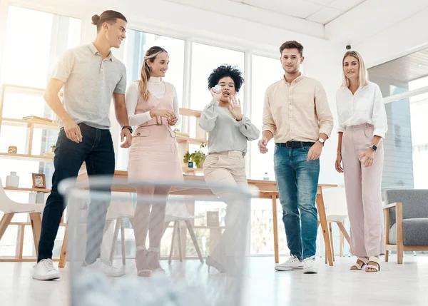 stock image Work, friends and paper game for team building fun and bonding with office garbage in workplace. Aim, target and happiness of workers enjoying goofy trash throw challenge on break together