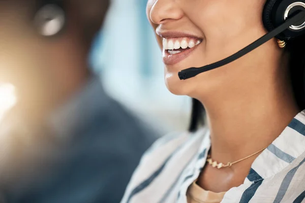 Call center, smile and woman networking in a telemarketing insurance, fintech and loan business or company. Contact us, microphone and happy worker talking, conversation and speaking to a client.
