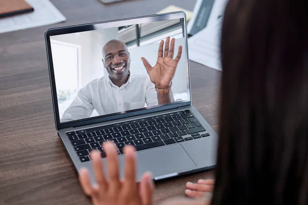 Business people wave hello on laptop screen, video call and online meeting with employee in company office. Happy black man talking to worker in computer webinar, digital network or global conference.
