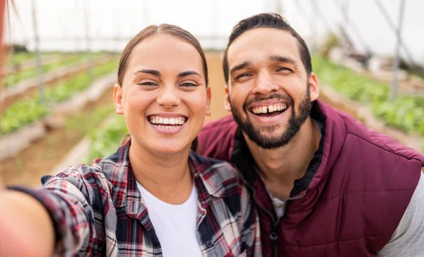 Farming, agriculture and selfie of couple on farm, smiling and happy from success. Nature, sustainability and portrait of man and woman in greenhouse after checking vegetables, crops and harvest.