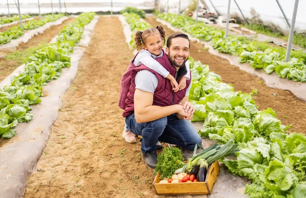 Child, father or farmer farming vegetables in a natural garden or agriculture environment for a healthy diet. Smile, dad and happy girl love gardening and planting organic food for sustainability.