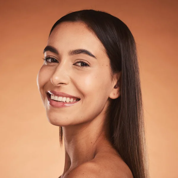 stock image Woman, smile and natural beauty of a model face with happiness and skincare wellness. Portrait of a facial, cosmetic and healthy skin satisfaction of a happy person after a cosmetic treatment.