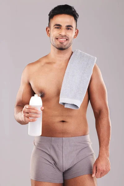 Mens Lichaam Water Fles Voor Fitness Studio Achtergrond Training Training — Stockfoto