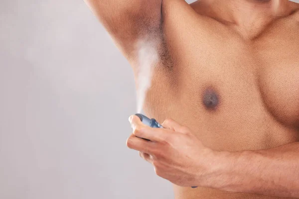 Deodorant Spray Man Cleaning His Armpit Health Beauty Hygiene Grey — Stock Photo, Image
