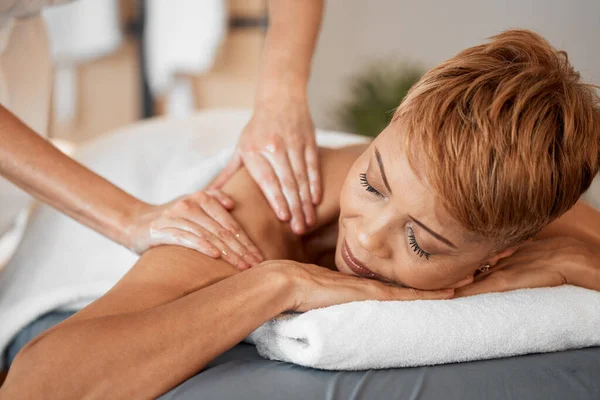 Black Woman Relax Massage Being Peaceful Calm Enjoy Stress Relief — Stockfoto