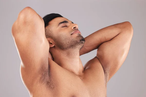 Shower Skincare Man Studio Wellness Health Grooming Grey Background Mockup — Fotografia de Stock