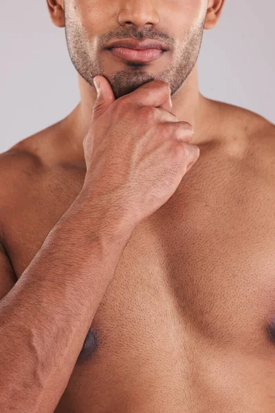 Beauty Skincare Body Care Man Thinking Gray Studio Background Fitness — Stockfoto