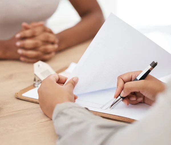 Business Woman Hand Legal Contract Interview Recruitment Worker Notes Meeting —  Fotos de Stock