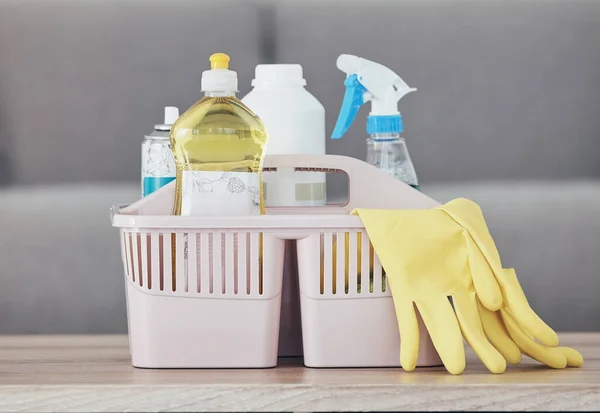 Cleaning Container Spray Bottle Rubber Gloves Table House Home Hotel — Foto de Stock