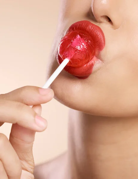 Lèvres Rouge Lèvres Sucette Maquillage Femme Avec Gros Plan Sur — Photo
