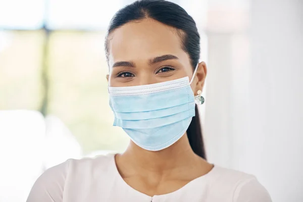 Woman, covid and mask, health and safety portrait, follow healthcare rules and regulations for protection. Young Latino person, protect against disease to be healthy, pandemic and covid 19 mockup