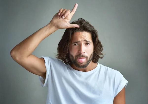 Complete Fail Studio Portrait Young Man Showing Loser Gesture Grey — Stock Photo, Image