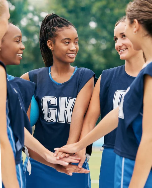 Apoyo Trabajo Equipo Deportes Con Mujeres Netball Para Motivación Planificación —  Fotos de Stock