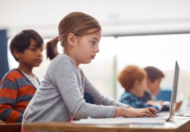 Sınıfa teknolojik kaynaklar getirmek. İlkokul çocukları sınıfta çalışırken dizüstü bilgisayar kullanıyorlar.