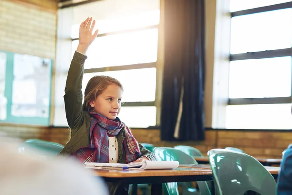 Her Zaman Bir Cevabı Vardır Sınıfta Elini Kaldıran Sevimli Bir — Stok fotoğraf