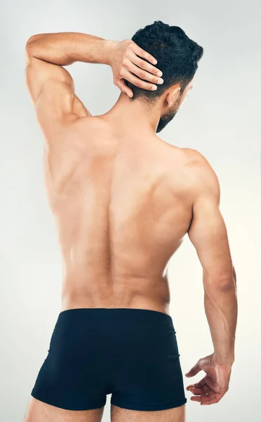 Espalda Cuerpo Ropa Interior Con Modelo Hombre Estudio Sobre Fondo —  Fotos de Stock