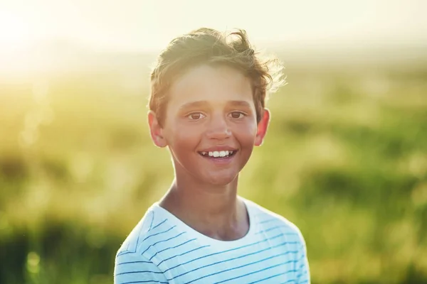 Hes One Happy Lucky Kid Portrait Little Boy Standing Outdoors — Stock Photo, Image