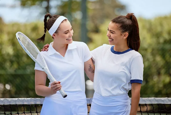Αθλητισμός Τένις Συνεργασία Γυναικών Και Ομαδικής Εργασίας Για Κίνητρα Υποστήριξη — Φωτογραφία Αρχείου