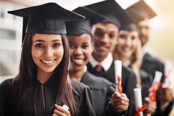 Para Futuro Melhor Cheio Oportunidades Retrato Estudantes Dia Graduação Universidade — Fotografia de Stock