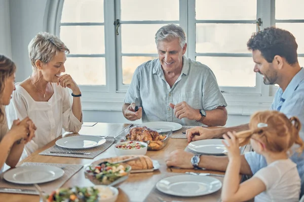 Together, food and happy family lunch with chicken, bread and nutritionist salad for quality time feast, buffet or meal. Love, bond and thanksgiving turkey brunch for parents, grandparents and child.
