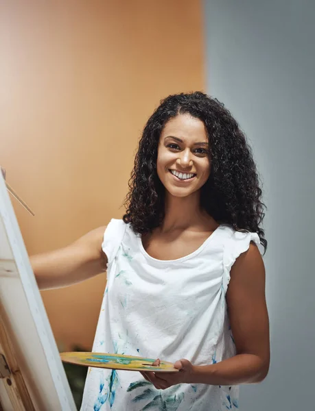 Watch Make Creative Magic Portrait Attractive Young Woman Painting Canvas — Stock Photo, Image