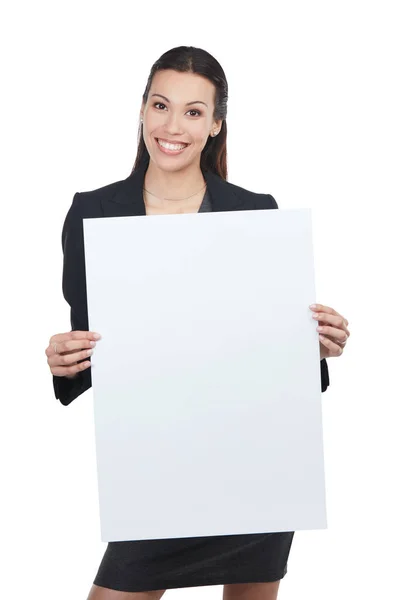 Pitching Perfect Idea Portrait Attractive Young Businesswoman Holding Blank Signboard — Stock Photo, Image