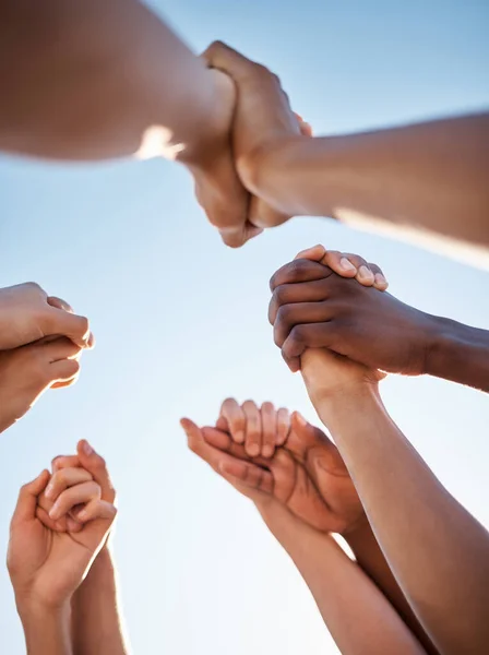Low Angle Group Holding Hands Support Trust Huddle Motivation Global — Stock Photo, Image