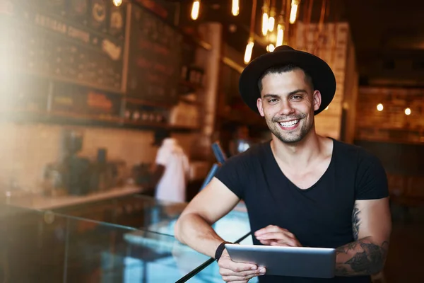 Makes Job Much Simpler Young Man Using Digital Tablet While — Stock Photo, Image