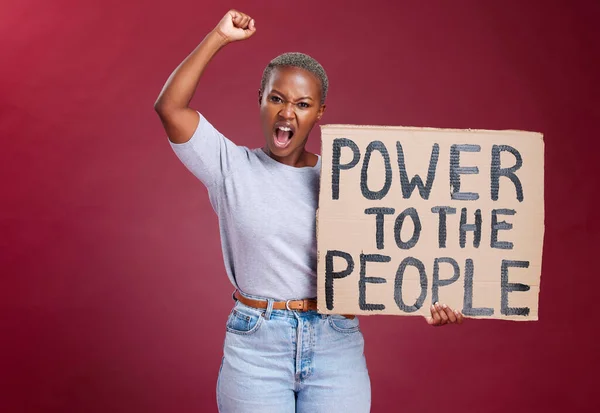 黒人女性 権力と平等のための抗議とポスター 人種差別を止めるための変化と自由を求めている アフリカの女性は 段ボールのサインと拳を保持しながら 戦いと投票 — ストック写真