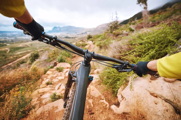 Pov Hands Cycling Man Nature Mountain View Fitness Adventure Training — Stock Photo, Image