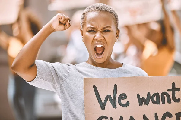 Poder Motivación Gritar Protesta Una Mujer Negra Protestando Por Cambio — Foto de Stock