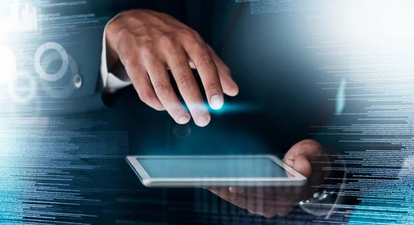 Digital Overlay Tablet Und Business Hände Mit Informationstechnologie Innovation Big — Stockfoto