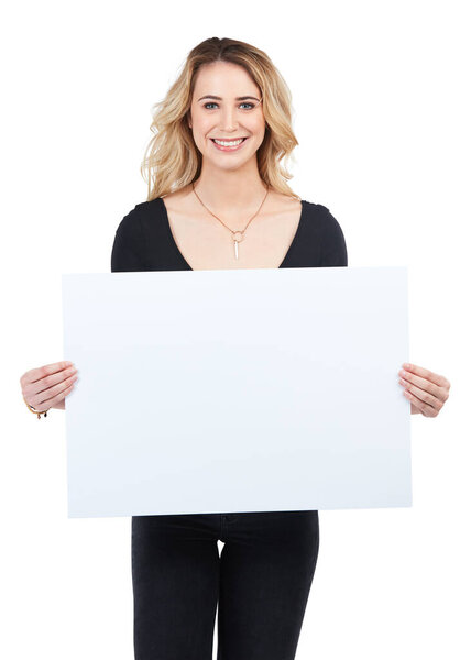 I advise you to watch this space. Studio shot of a young woman holding up a sign with blank copyspace