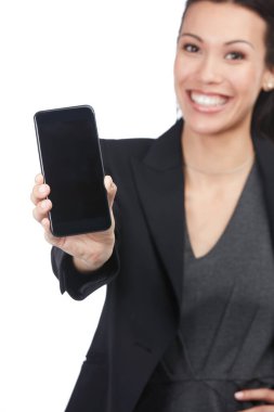 İşte numaram. Sadece iş. Çekici genç bir iş kadınının portresi size cep telefonu ekranını gösteriyor.