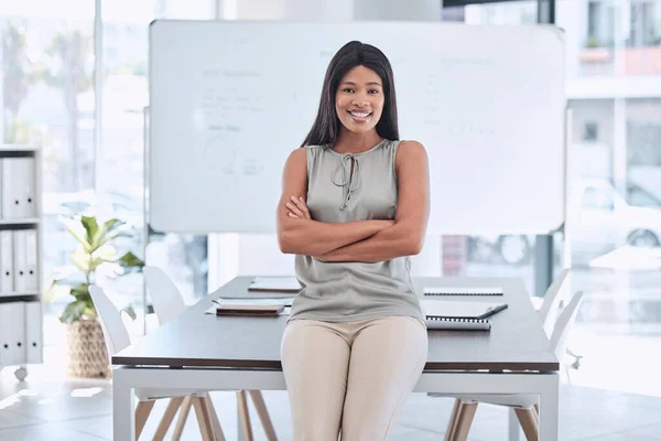 Corporate, smile and black woman with pride for job in management at a startup marketing company. Happy, executive and portrait of a business woman with arms crossed for success, trust and business.